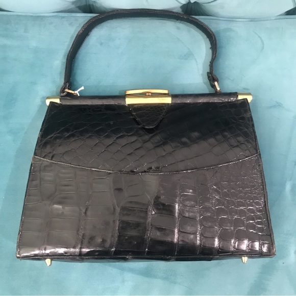 Vintage Alligator Skin Swagger  black Handbag - Picture 3 of 16